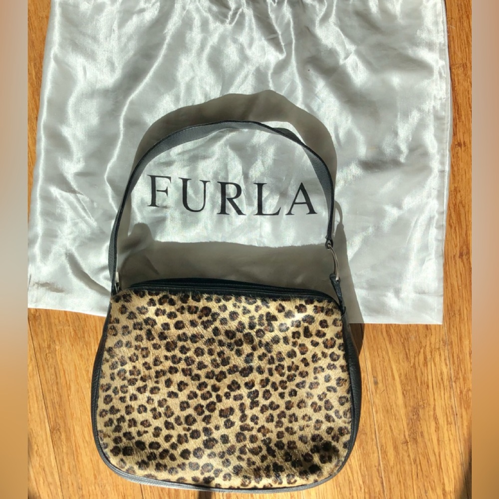 Vintage FURLA Animal Fur Italian Brown Leather Leopard Shoulder Purse + Dust bag
